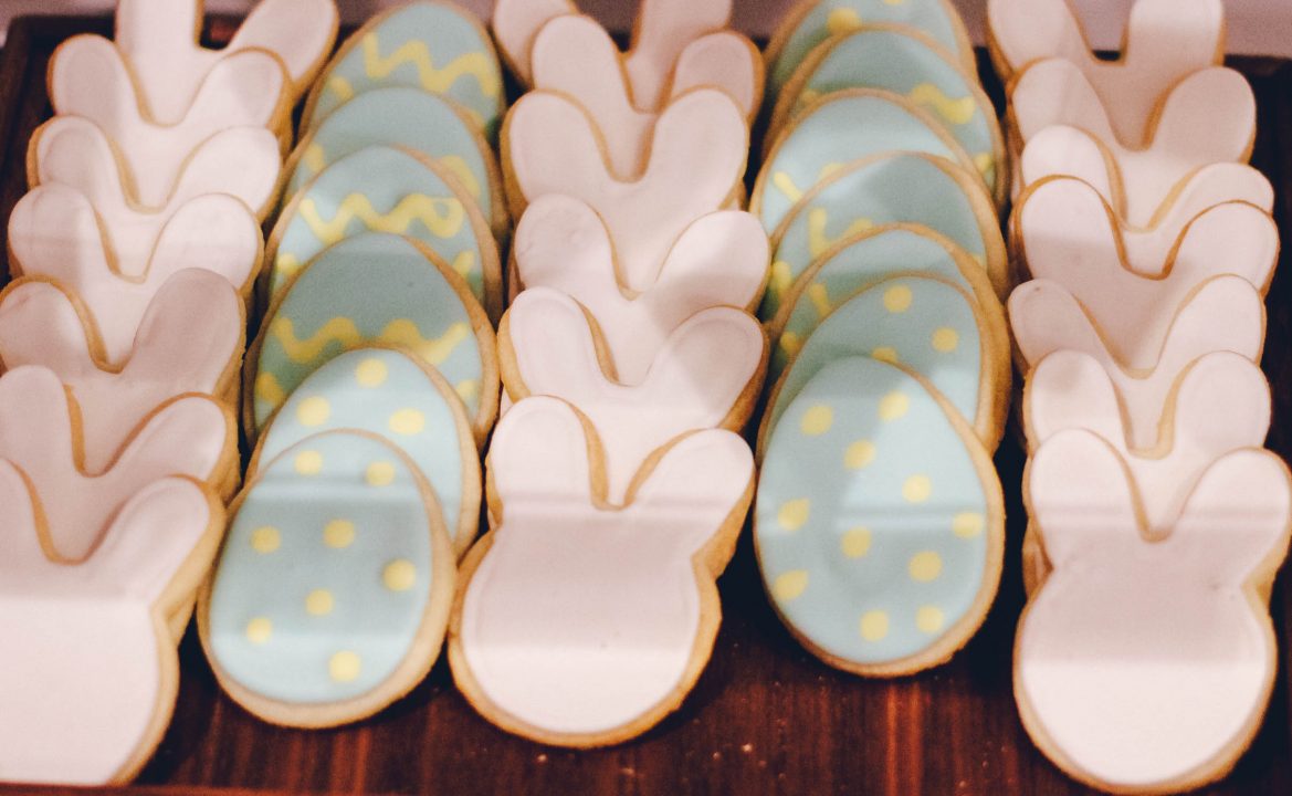 Closeup of Easter cookes shaped like eggs and rabbits
